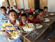 typický oběd pro děti na internátu - rýže a hráškový dál a brambory